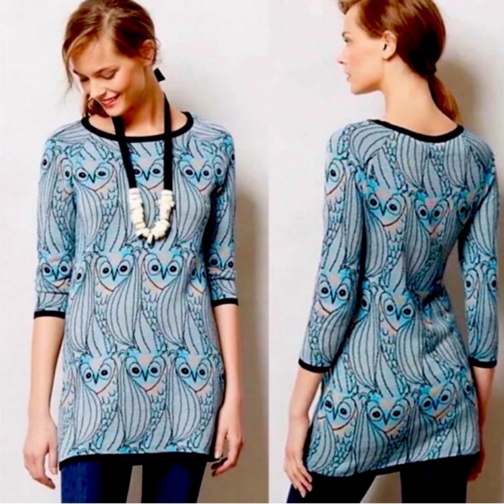 Anthropologie HWA knit owl sweater tunic dress